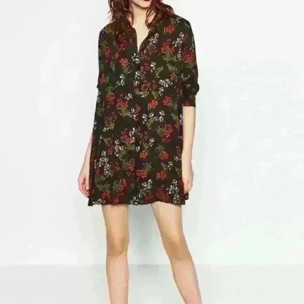 Zara Olive Green Floral Asymmetrical Shirt Dress